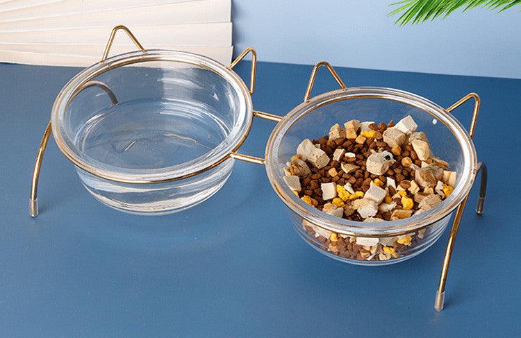 Sparkling Glass Cat Bowl With Elevated Metal Rack - Stylish And Functional Pet Feeder-1
