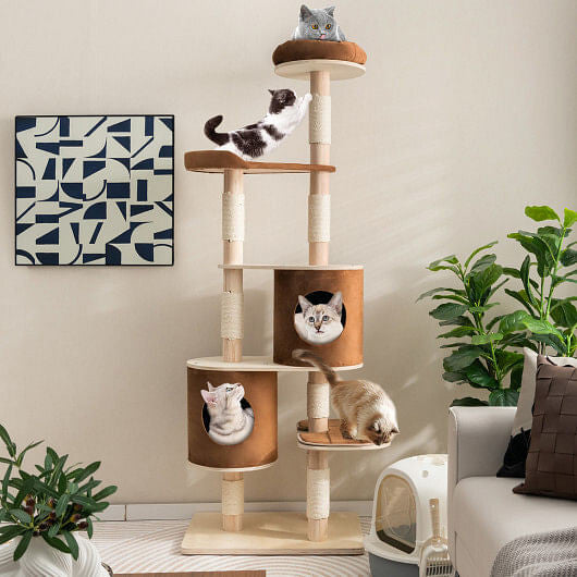 6-Tier Wooden Cat Tree with 2 Removeable Condos Platforms and Perch-Brown-2